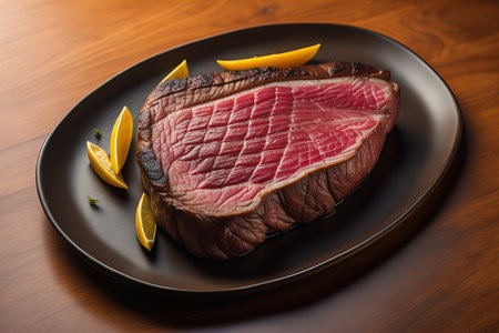 Sliced roast beef with lemon on black plate on wooden table. generative aiの素材