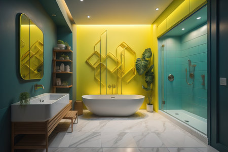 Interior of modern bathroom with yellow and green walls, tiled floor, comfortable bathtub and double sink. generative aiの素材