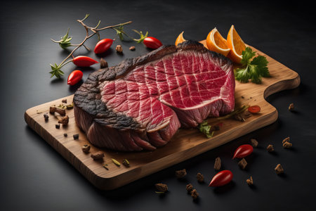 Sliced beef steak on a cutting board. Black background. generative aiの素材