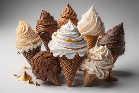 Chocolate ice cream in waffle cones on a white background. generative aiの素材