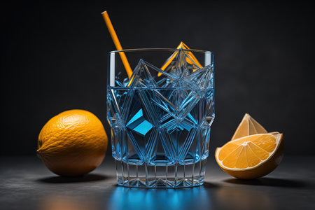 Cocktail with ice cubes, orange and lemon on black background. generative aiの素材