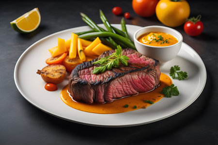 Grilled steak with vegetables and sauce on a black background. generative aiの素材
