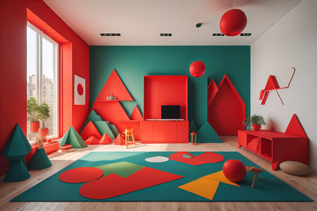 Interior of children's room with red and green walls, wooden floor, red table, red chairs and red carpet. generative aiの素材