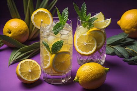 Lemonade with lemon and mint in a glass on a purple background. generative aiの素材