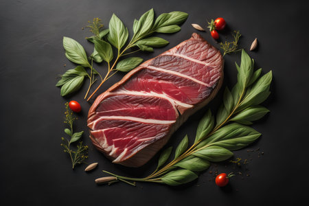 Raw beef steak with herbs and spices on black background, top view. generative aiの素材