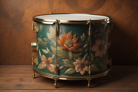 Vintage drum with floral ornament on wooden table. Close up. generative aiの素材