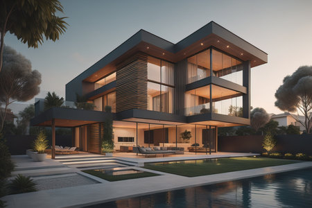 modern cozy house with pool and parking for sale or rent in luxurious style. Sunset evening with soft light from window. generative aiの素材