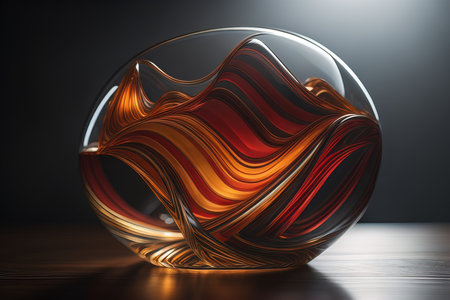Transparent glass bowl with red and orange abstract pattern on dark background. generative aiの素材