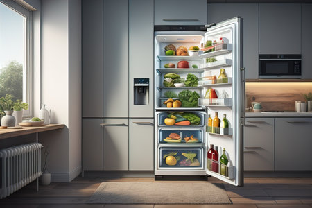 Open refrigerator with healthy food in the kitchen. generative aiの素材