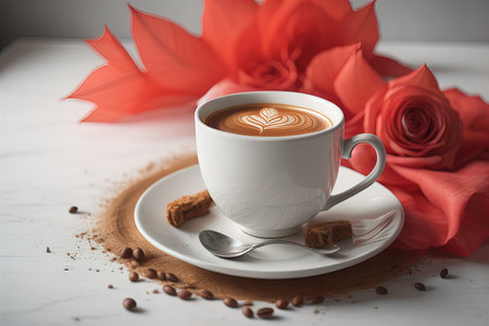 Cup of coffee with red roses on white wooden table, close up. generative aiの素材