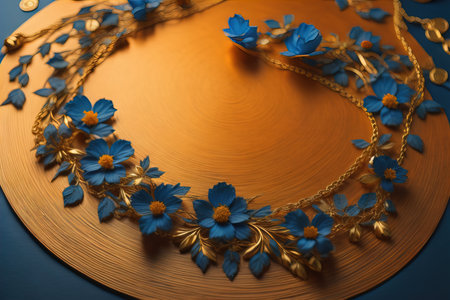 golden necklace with flowers on a blue background. generative aiの素材