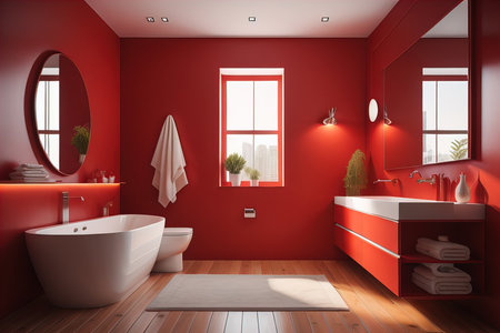 Red bathroom interior with a bathtub and a mirror. generative aiの素材