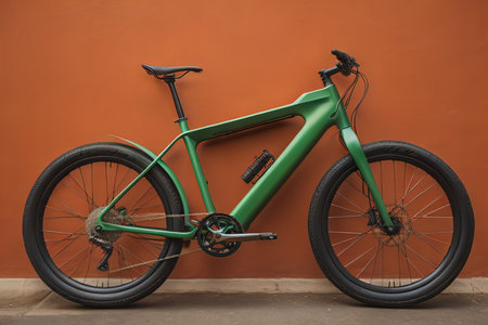 Green bicycle on the orange wall background, vintage color tone style. generative aiの素材