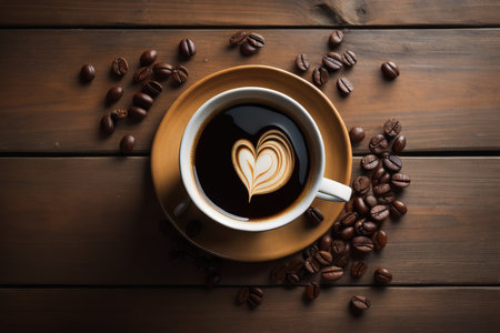 Cup of coffee with heart shape and coffee beans on wooden background. generative aiの素材
