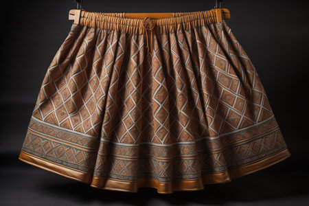Women's brown skirt with a pattern on a hanger on a black background. generative aiの素材