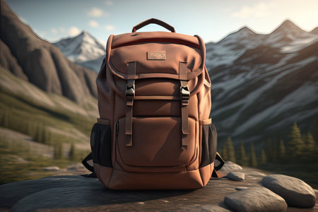 Backpack on a rock in the mountains. generative aiの素材
