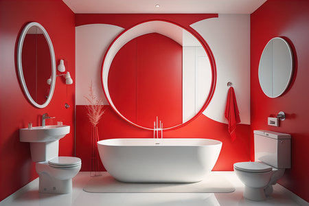 Interior of a modern bathroom with red walls, white floor, red bathtub and round mirror. generative aiの素材
