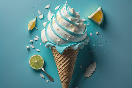Ice cream with lime and mint on blue background, generative aiの素材