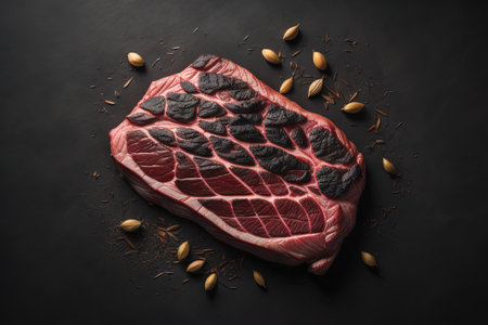 Raw beef steak on black background, top view. generative aiの素材