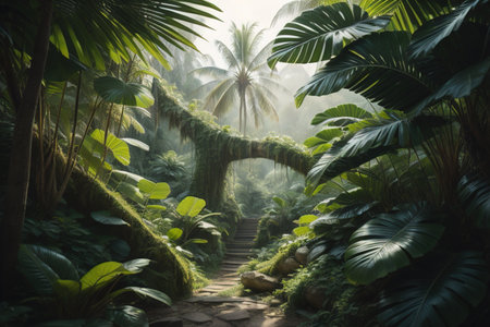 Pathway in tropical rainforest with palm trees and ferns. generative aiの素材
