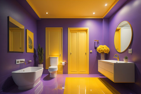 modern bathroom with purple and yellow walls and floor. generative aiの素材
