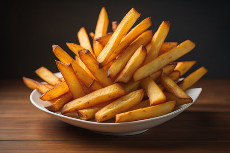 french fries on wooden table, rustic style, closeup. generative aiの素材