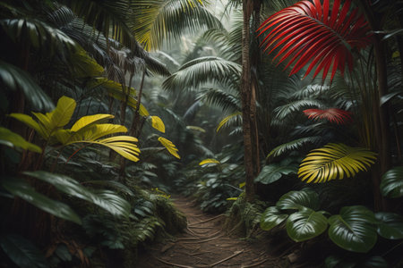 Tropical jungle with palm trees and path, generative aiの素材