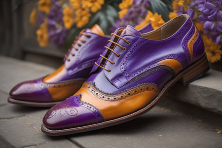 Luxury men's shoes in purple color on a background of flowers. generative aiの素材