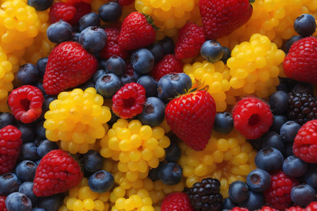 Colorful mix of berries as background, top view, close up. generative aiの素材