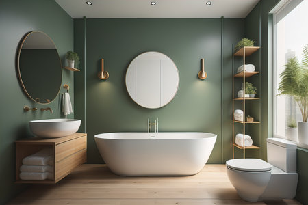 Interior of modern bathroom with green walls, wooden floor, comfortable white bathtub and round mirror. generative aiの素材