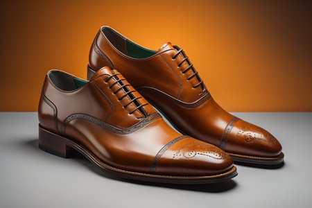 Men's luxury brown leather shoes on a white and orange background. generative aiの素材