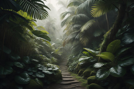 Walkway in tropical rainforest with foggy background. Jungle landscape. generative aiの素材