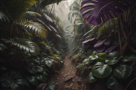 Tropical rainforest with fog and palm trees in Ubud, generative aiの素材