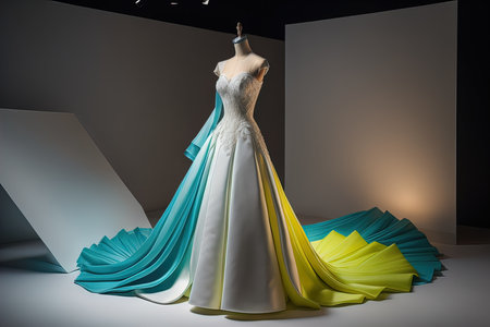 Wedding dress on a mannequin in the room. generative aiの素材