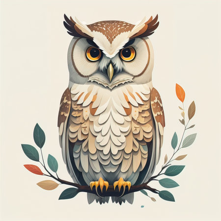 Owl sitting on a branch with leaves and branches. Vector illustration. generative aiの素材