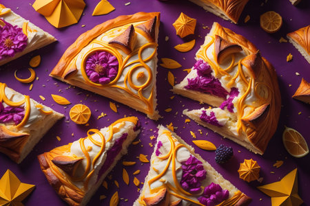 Delicious cake with berries and orange on purple background, top view. generative aiの素材