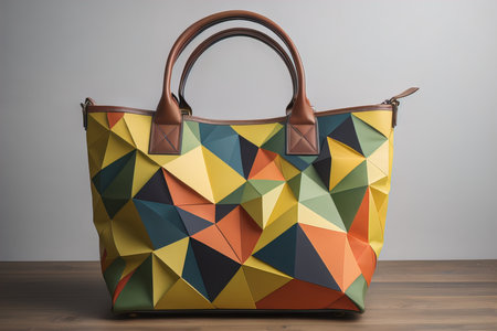 Colorful handbag on a wooden table. generative aiの素材