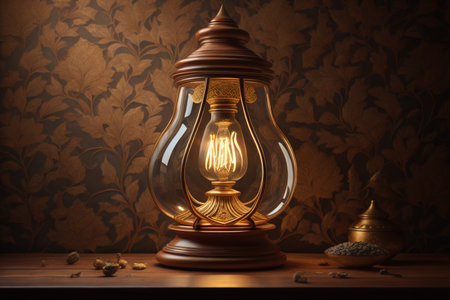 Vintage kerosene lamp on a wooden table in front of a vintage wallpaper. generative aiの素材
