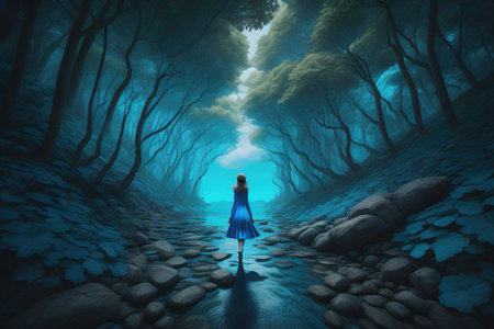 a woman walking through a dark forest with fog. generative aiの素材