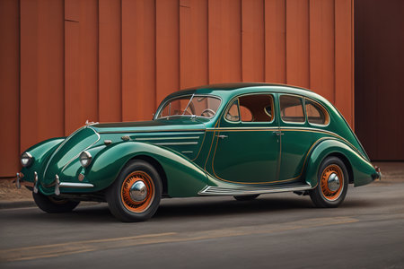 Vintage green car on the road in front of a wooden wall. generative aiの素材