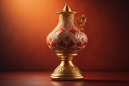 Golden vase on wooden background. Ramadan Kareem concept. generative aiの素材