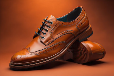 Pair of brown male shoes on orange background. Studio shot. generative aiの素材
