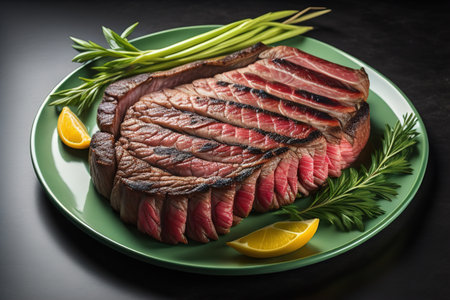 Sliced grilled beef steak with rosemary and lemon on green plate. generative aiの素材