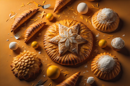 Christmas cookies on orange background. Top view, flat lay, copy space. generative aiの素材