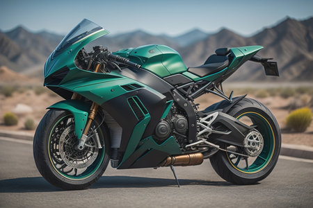a green sports motorbike on the road. generative aiの素材