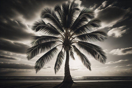 Palm tree on the beach at sunset. Filtered image processed vintage effect. generative aiの素材