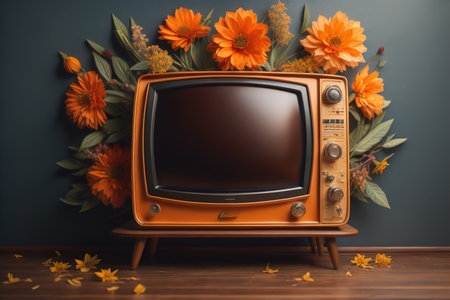 Retro TV and autumn flowers on wooden table with dark wall background. generative aiの素材