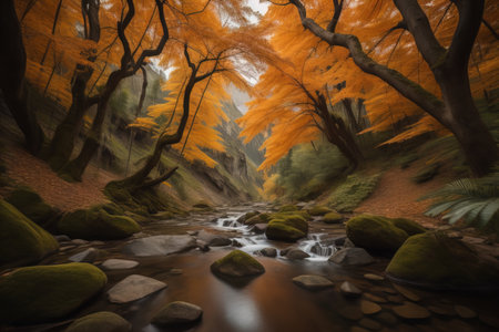 Autumn forest with a stream flowing through it. generative aiの素材