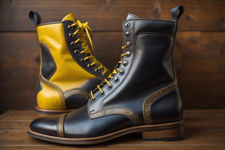 Black and yellow leather boots on wooden background. Shallow depth of field. generative aiの素材