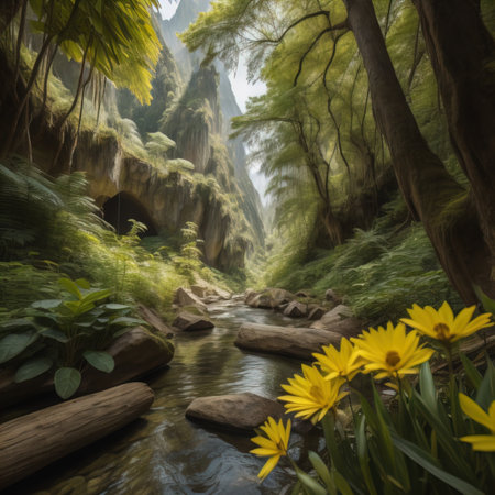 Tropical forest with river and yellow flowers in soft light. generative aiの素材